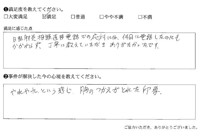 休日に電話したが、丁寧に教えていただきありがたかった